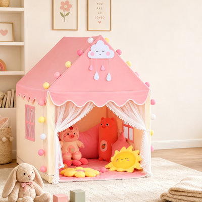 Kids Play Tent Indoor Outdoor Large Playhouse Castle Tent with Star String Lights and Floor Mat Breathable Window Design Easy Assembly Play Tent Gift for Boys Girls