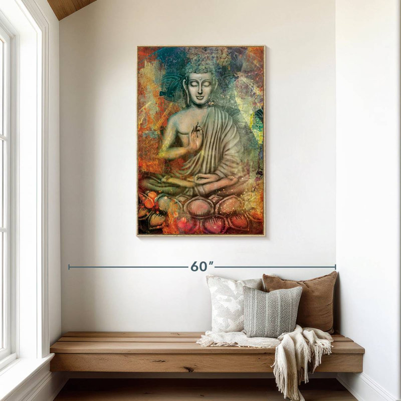 Bouddha assis en couleurs, Cadre flottant en bois naturel, 29 po x 43 po