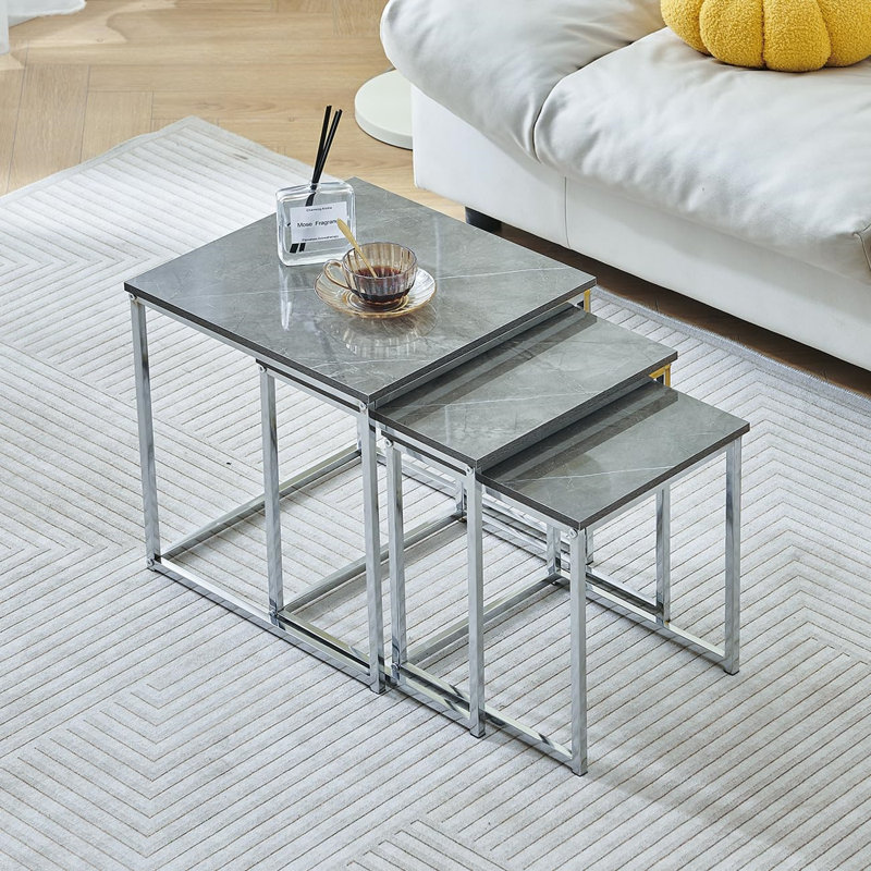 Living Room Nesting Coffee Table Set Of 3 High Glossing Marble Effect, Small Square Side Sofa Table 3 In 1 Nested Table Corner Little End Table Stackable Wood Tabletop With Chrome Frame
