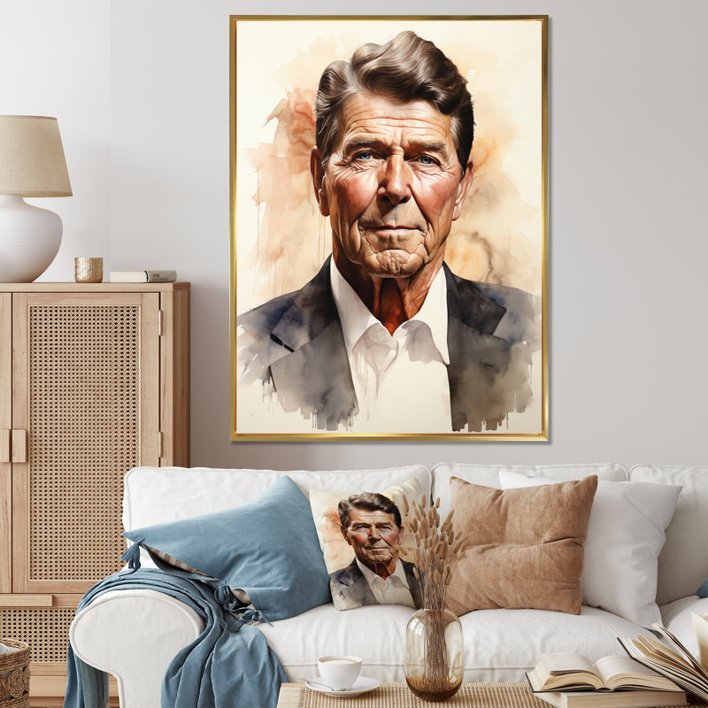 «Ronald Reagan President Portrait» - impression d'art sur toile, président / politique, Cadre flottant doré