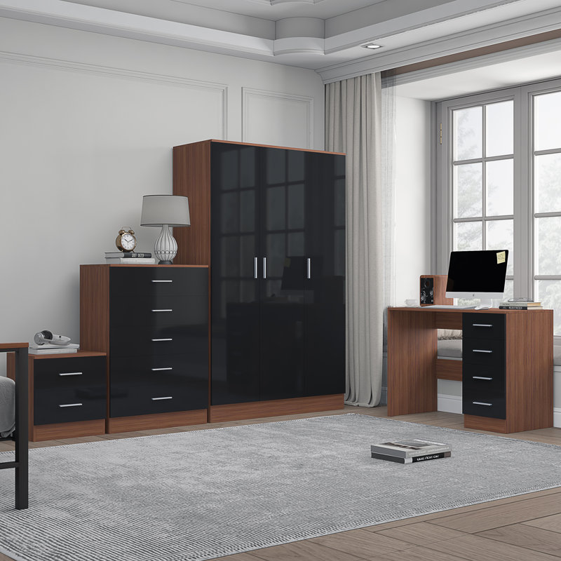 Eva Piece Bedroom Set, Black Gloss / Walnut