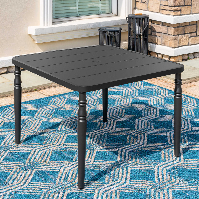 Table de salle à manger de patio en métal thermolaqué avec trou pour parasol, Noir