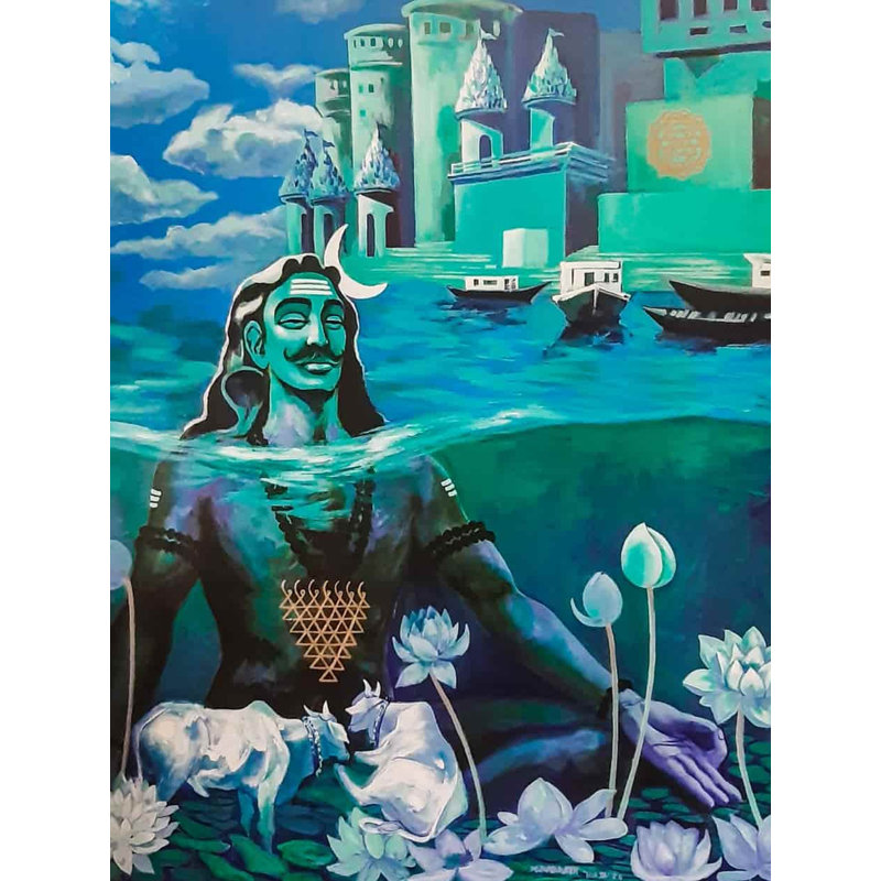 Shiva méditant sous l'eau | Acrylique sur toile | Par Debrata Basu