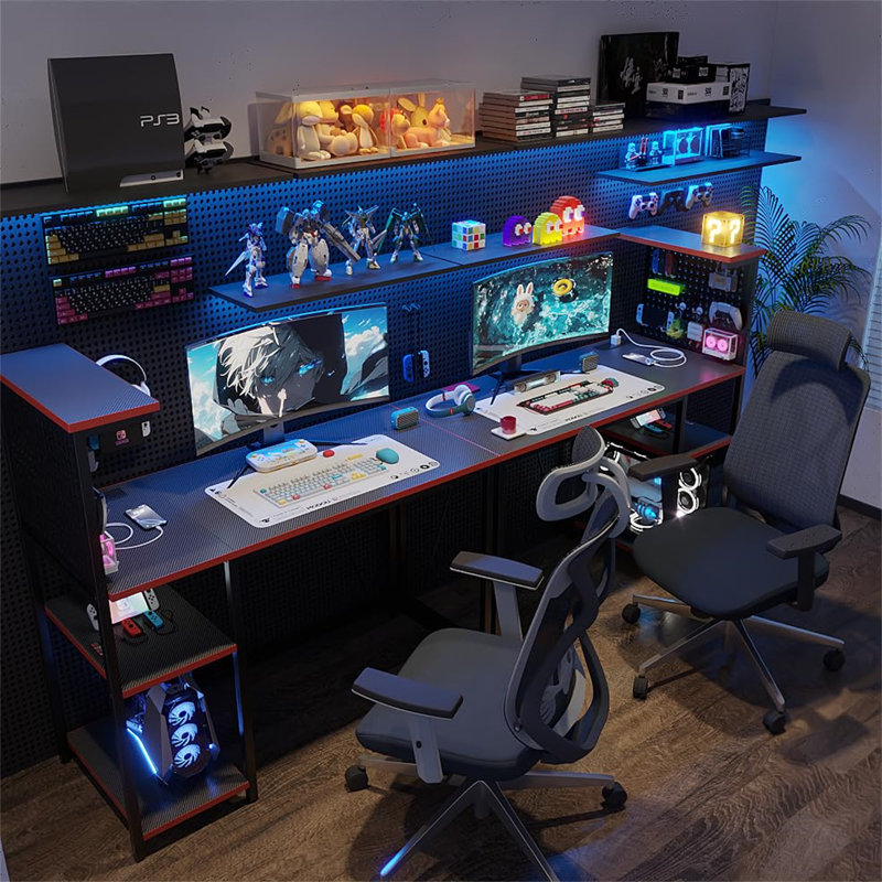 Metal Base Computer Desk with Power Outlet, Black