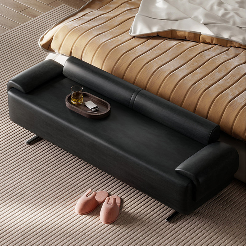 Banc en bois massif, métal et cuir de style italien pour chambre et salon, Noir