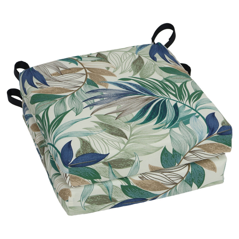 Square Outdoor Chair Cushions (Set Of 2), Tan/Green/Oasis Chambray Floral, 16" W x 16" D