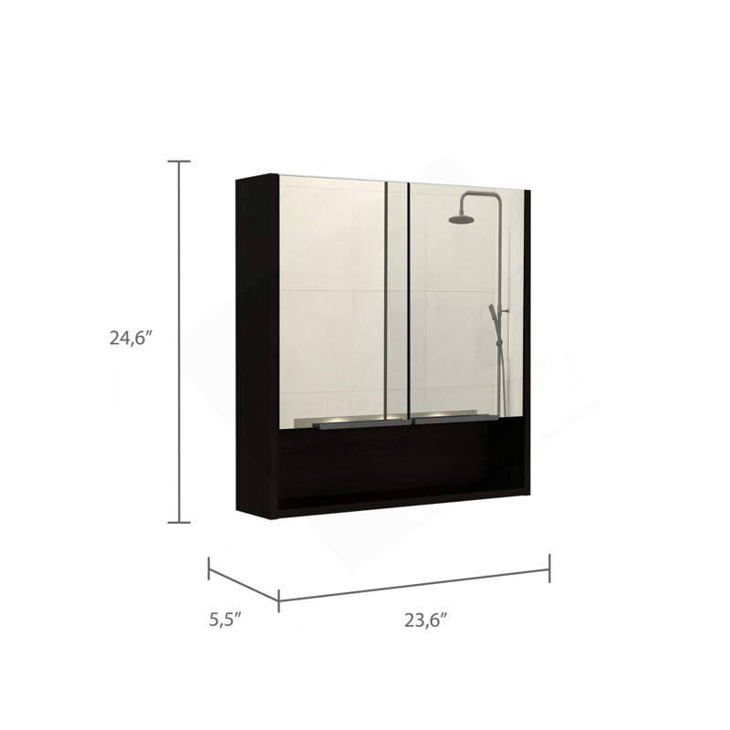 Jaspe Mirror Cabinet, Three Internal Shelves, One Open Shelf, Double Door Cabinet -Black