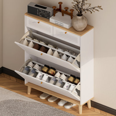 Shoe Storage, Shoe Cabinet With 2 Flip-Up Doors And 2 Drawers,Narrow Shoe Rack Cabinet,Freestanding Shoe Organizer,Shoe Organizer For Entryway,With Natural Wood Legs