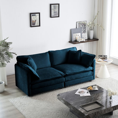 Salon en chenille bleue, rembourrage en éponge haute, structure en bois, revêtement de luxe en chenille, 2 sièges avec 4 coussins, tissu en bois
