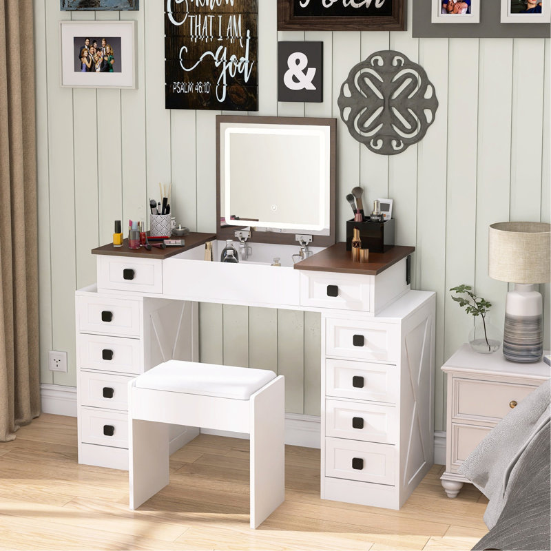 Bureau de maquillage lumineux à intensité variable avec 10 tiroirs. Blanc + noyer Miroir pliable pour optimiser l'espace. Tabouret de tiroir avec coiffeuse à DEL. Retournement escamotable. Doux et doux