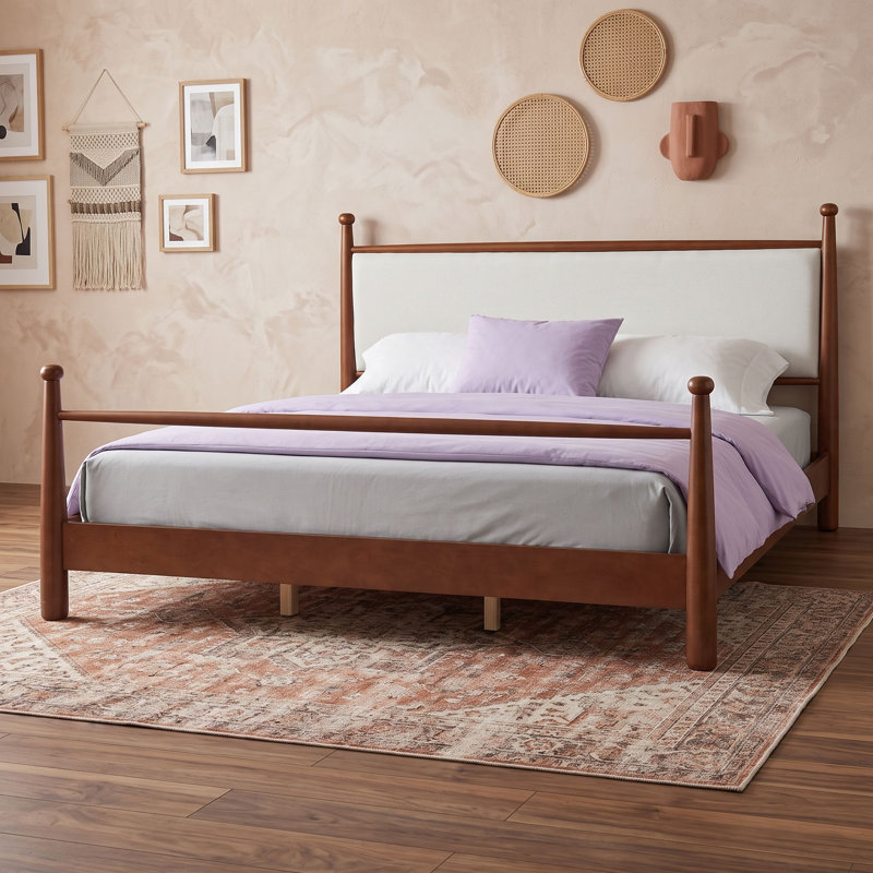 Cadre de lit plateforme en bois avec tête de lit rembourrée et pieds centraux, King