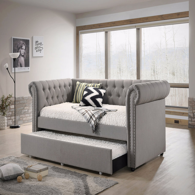 1Pc Modern Aesthetic Beautifully Button Tufted Nailhead Trim Design Daybed Built-In Pull-Out Trundle Bed Living Space Guest Room Bedroom