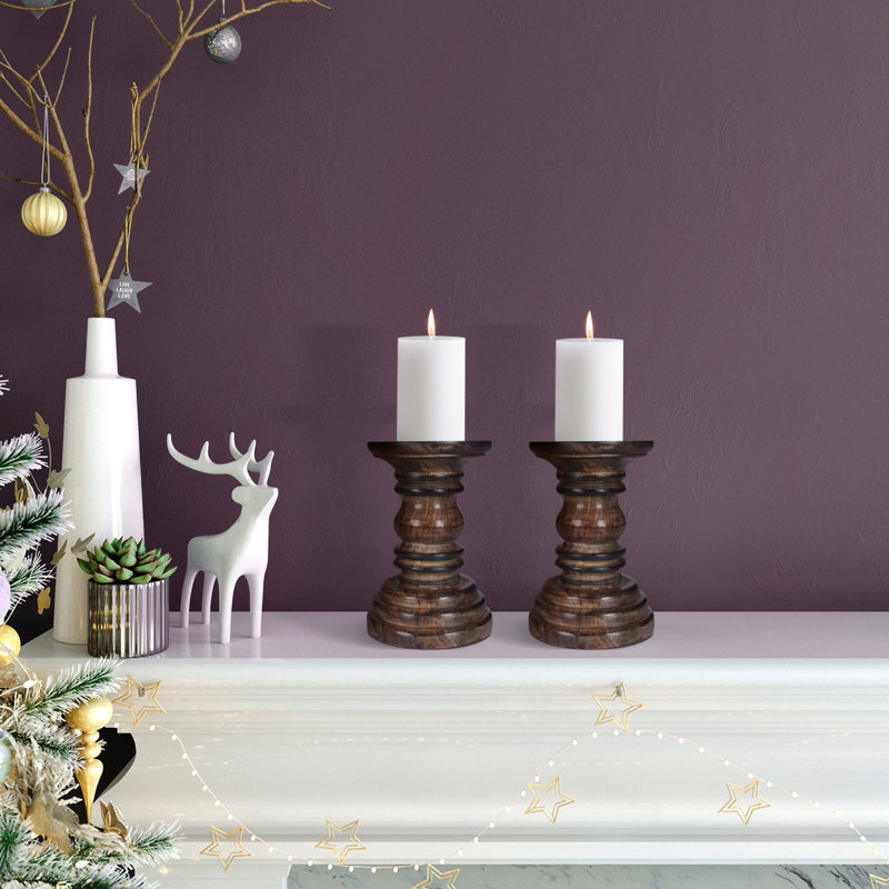 Wood Candlestick, 13cm H x 10cm W x 10cm D
