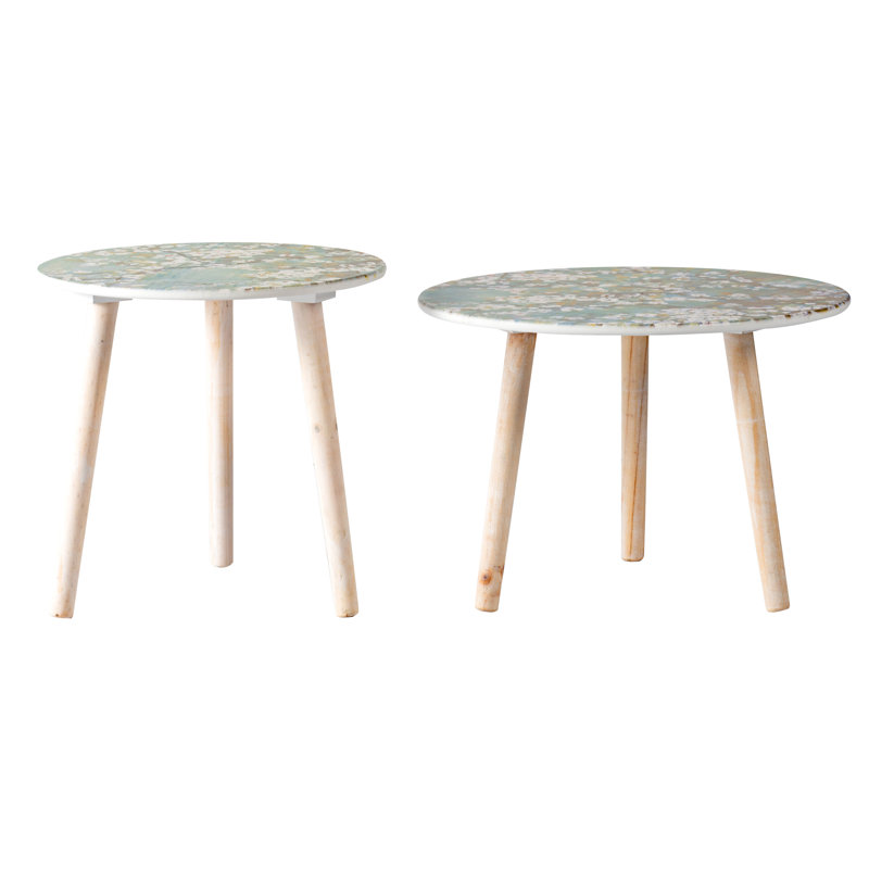 Paire de tables d'appoint inspirées de la nature - avec des plateaux de cerisiers en fleurs peints en blanc et bleu, salon, chambre à coucher, matériau de décor de vestibule 2, plateaux bleus,