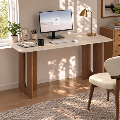 63" Rectangular Writing Desk with Sintered Stone Table Top and Solid Wood Double Base