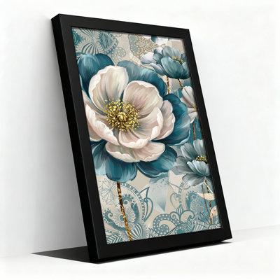 Tableau sur toile à motifs floraux turquoise et crème avec accents dorés
