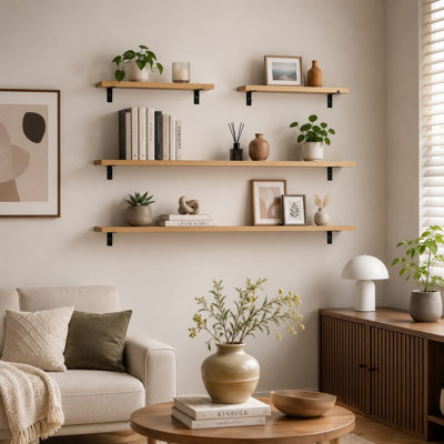 4 Piece Wall Mounted Floating Shelf Set with Black Metal Brackets