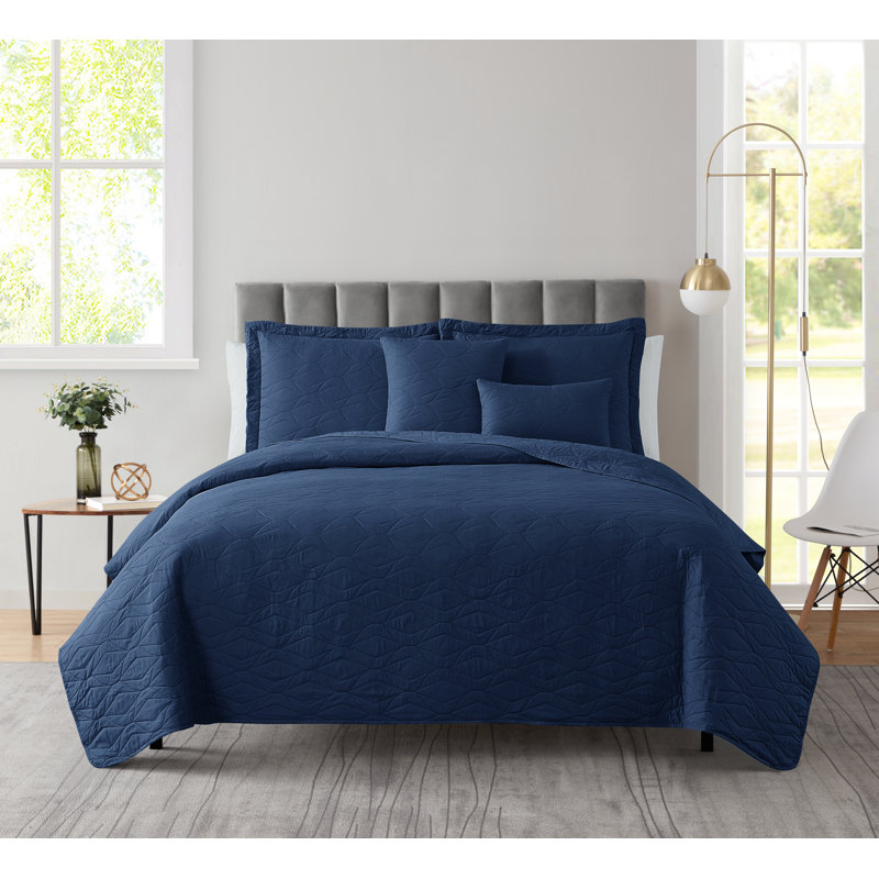 Ensemble de courtepointe réversible en microfibre Ellipse Wave, Courtepointe très grand + 4 taies décoratives, Bleu marine