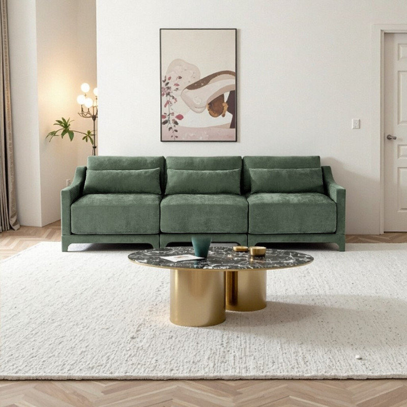 Canapé 3 places en chenille avec coussin lombaire, conception ergonomique et base en bois, Vert