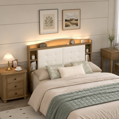 Headboard Only, Wood Upholstered Bookcase Headboard with Storage Shelves, RGB LED Lights, Charging Station with AC & USB Ports, Anti‑Tip for Bedroom