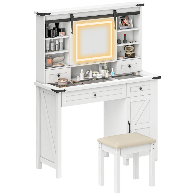 Ensemble de coiffeuse avec miroir et lumières, ensemble de coiffeuse avec plateau en verre de 42 po avec éclairage 3 couleurs, tabouret rembourré, coiffeuse avec tiroir de rangement, armoire, tablettes pour la chambre à coucher, 