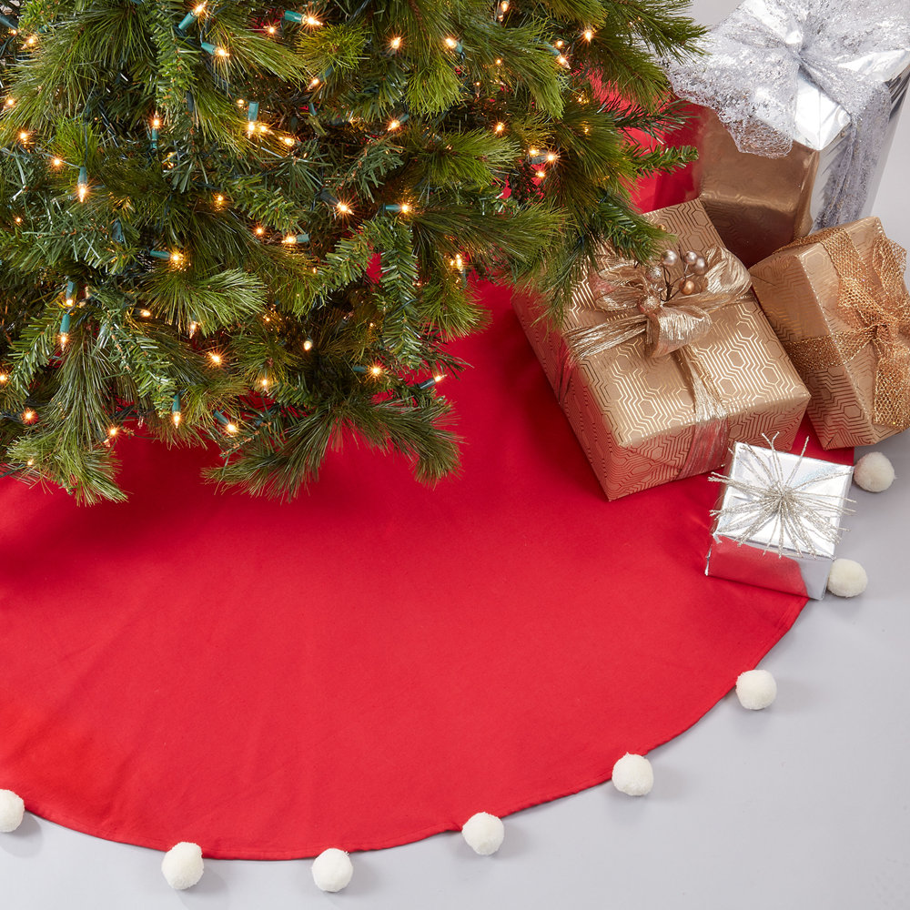 Pom Pom Collection Cotton Tree Skirt, 53" x 53", Red
