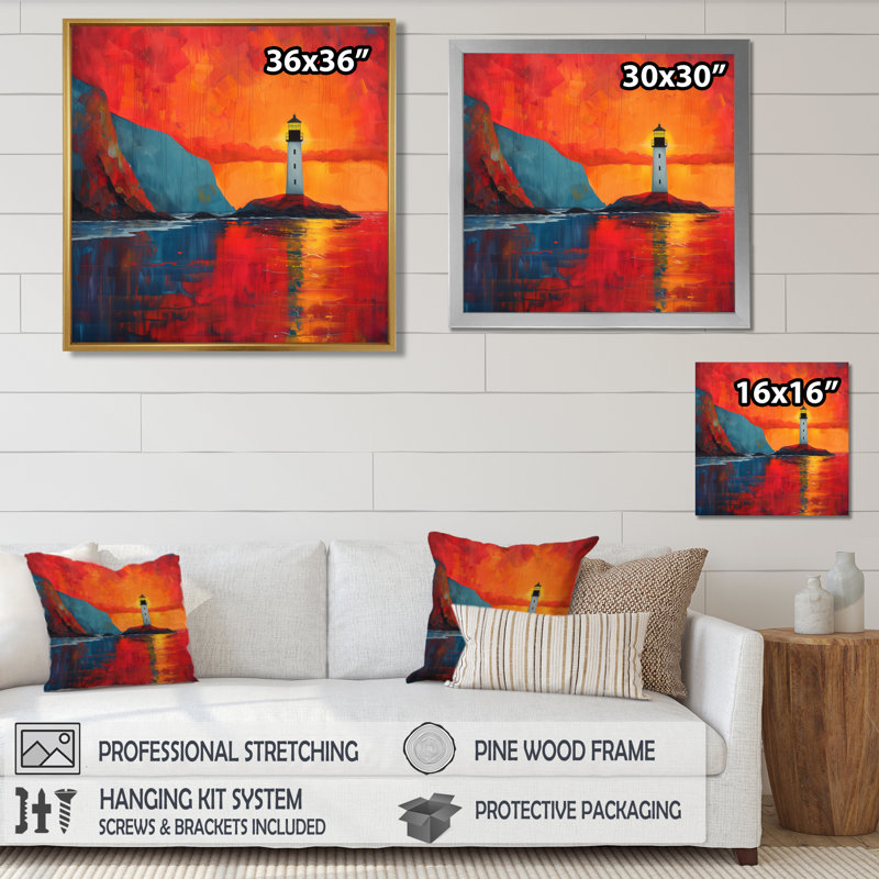 Décoration de phare orange et bleu côtier, phare, coucher de soleil II - phares, H 16 po x l 16 po, Cadre simple noir