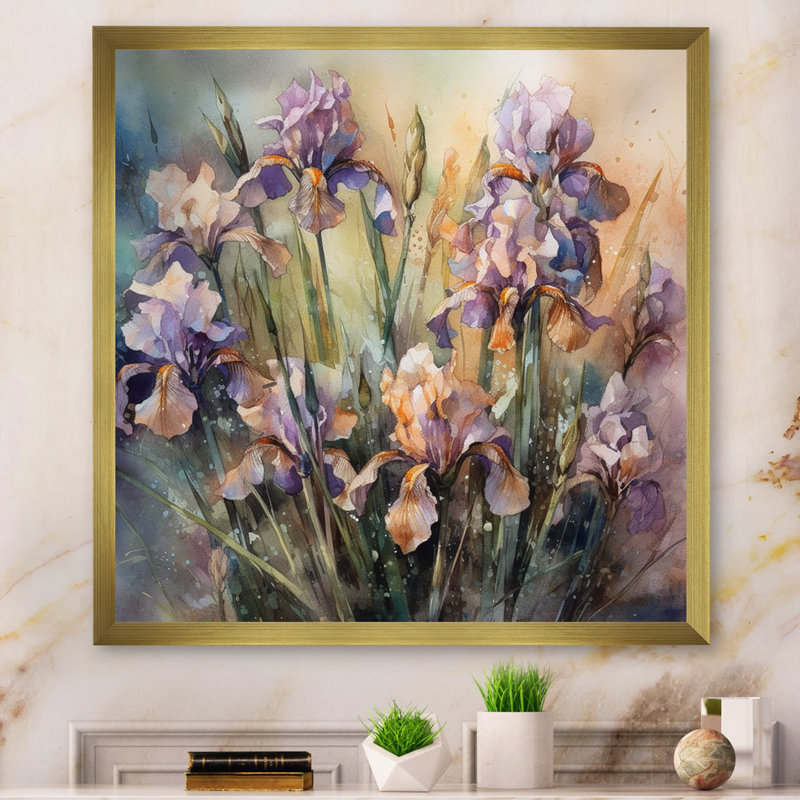 Purple Green Wild Irises II - Print, Gold Picture Framed, 30" H x 30" W