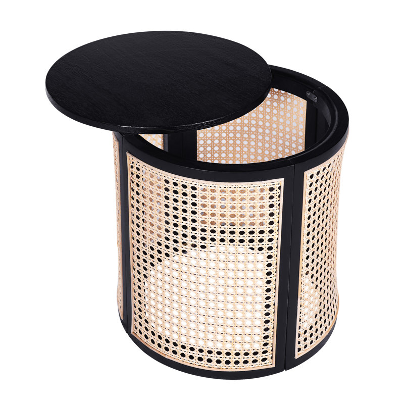 Bureau à thé rond tissé de 15,7 po, noir, plateau en bois d'hévéa, hauteur de 17,8 po, table de bout facile à assembler, petite table de chevet, idéale pour les boissons