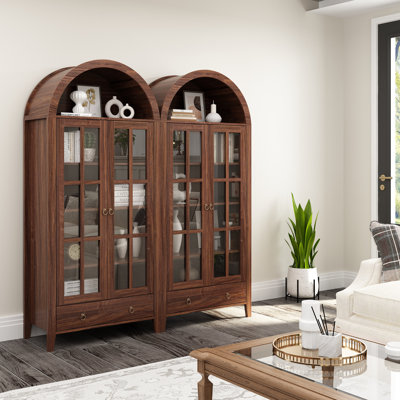 Kalaen 71" Arched Display Wood Cabinet with Tempered Glass and Adjustable Shelves