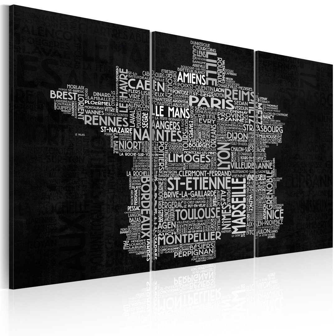 Leinwandbild - Text map of France on the black background - triptych