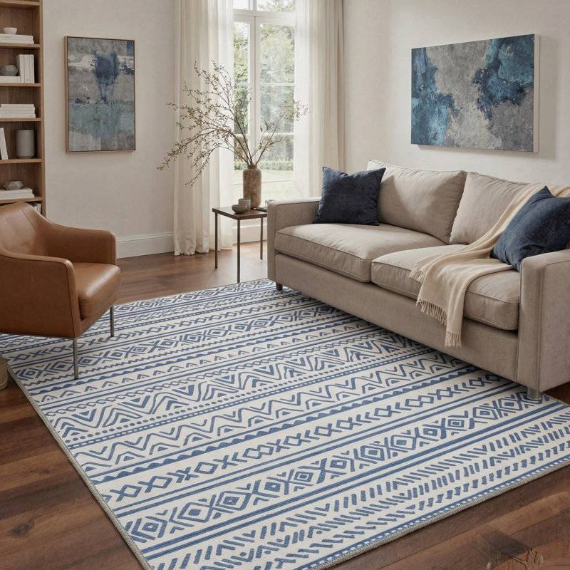 Geometric Stripes Machine Washable Slate Blue Indoor Area Rug With Non-Slip Backing, Rectangle 6' x 9'