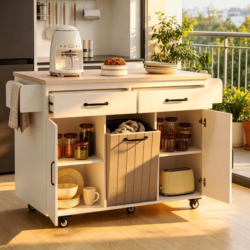 Îlot de cuisine avec armoire de rangement pour poubelle, White