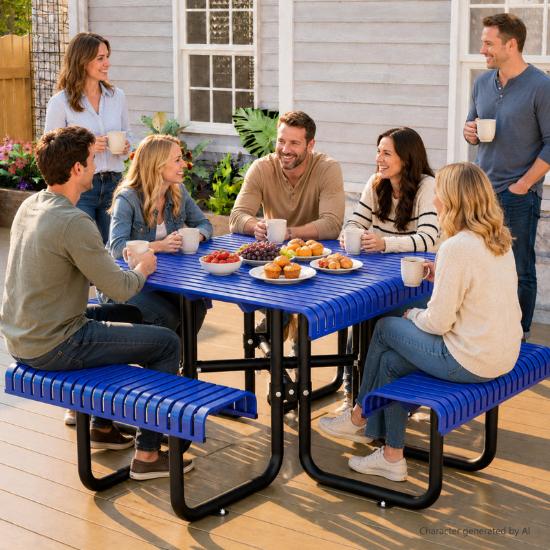 Ensemble repas de patio en métal, grande taille, table de pique-nique et banc de 205 cm (80,7 po), bleu moderne