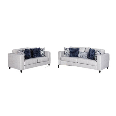 Harie 2Pc Sofa And Loveseat Set, 9 Accent Pillows, Light Gray Chenille