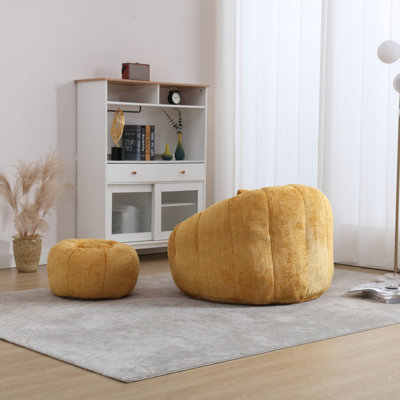 Fauteuil à billes avec repose-pieds, fauteuil de lecture en chenille confortable pour adultes et canapé-lit jaune Leisure