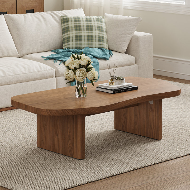 47" Mid Century Brown Wood Coffee Table with Free Form Table top, Double Wood Legs for Living Room