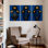 Abstrait bleu, motif floral noir et or, ensemble de 3 impressions sur toile