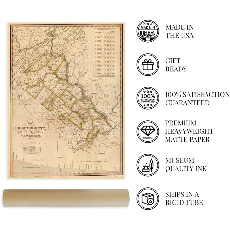 1831 Bucks County Pennsylvania Map, art mural, H 24 po x l 18 po x P 0,1 po