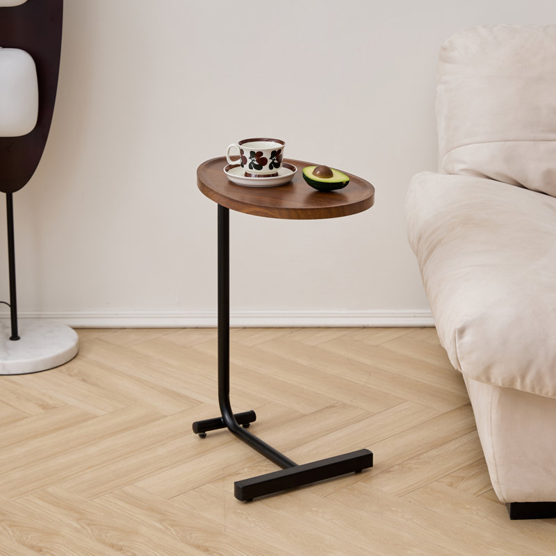 C Shaped End Table, Side Table for Couch and Bed, Brown Top/Black Base