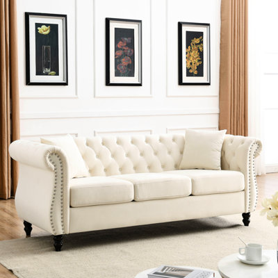 Beige Velvet 3 Seater . With Nailhead Trim & Rolled Arms. Solid Wood Frame, Comfortable Foam Cushions. For Bedroom, Office, Living Room. 250Lbs Load Capacity. Assembly Required 80" In Velvet.