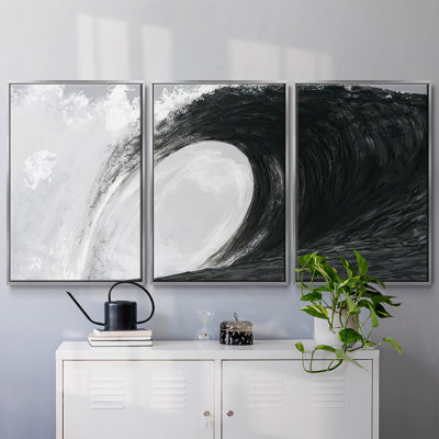 «Black and White Waves IV», reproduction sur toile 3 pièces