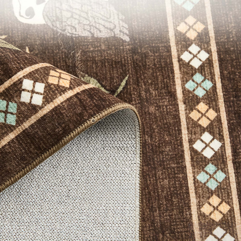 Tapis à poil court lavable à imprimé animal rétro avec envers antidérapant, Brun, 2 x 6 pi