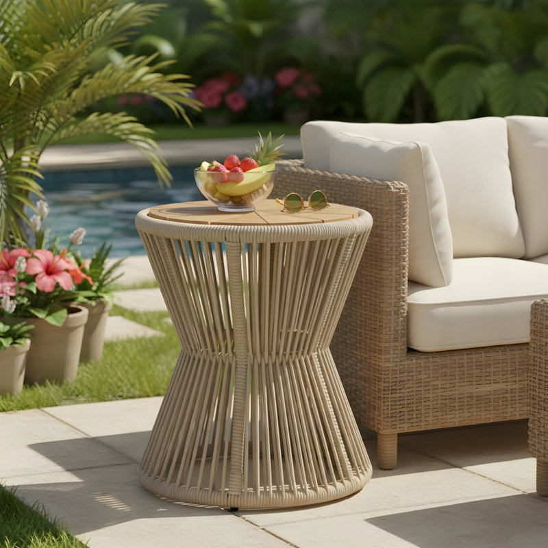 Table d'appoint d'extérieur, corde beige et finition en teck clair, hauteur 18,90 po, diamètre 16,14 po, design élégant en forme de sablier, résistant aux intempéries, pour patio, terrasse, jardin, balcon, style minimaliste moderne