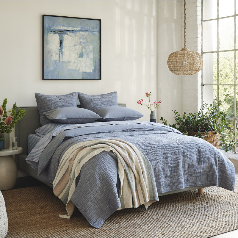 Channel Handstitched Organic Quilt, King Quilt, Indigo Chambray