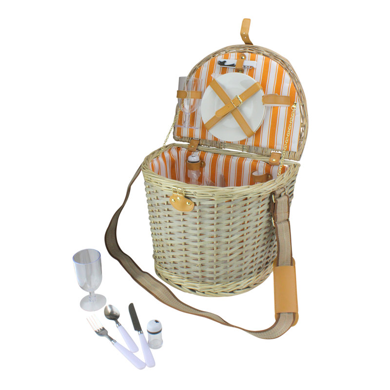 Ensemble de panier de pique-nique rayé tissé à la main 14,25 po beige et orange 14,25 po avec accessoires