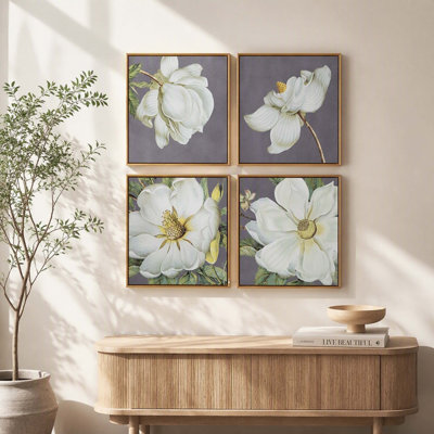 Ensemble de 4 impressions d'art botaniques en or blanc, décoration murale pour le salon, la salle à manger, la chambre à coucher et le couloir, 20 po x 20 po