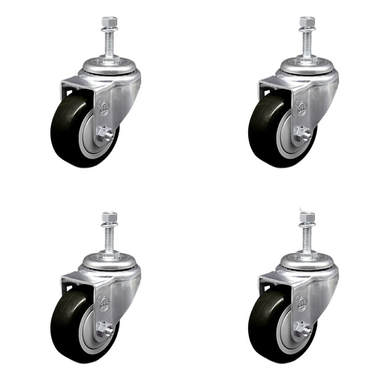 Ensemble de roulettes à tige filetée 3,5 pouces en polyuréthane pivotant 3,5 pouces, Noir