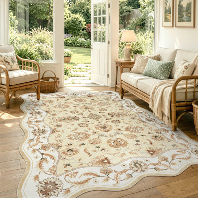 Tapis festonné rétro floral festonné avec envers antidérapant beige crème