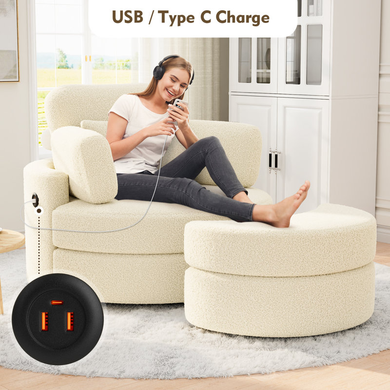 Swivel Accent Chair, Swivel Chair With Ottoman, Oversized Barrel Chair With Usb Charging Port, Round Chaise Lounge Indoor With 4 Pillow, Reading Chair For Living Room (teddy Fabric)
